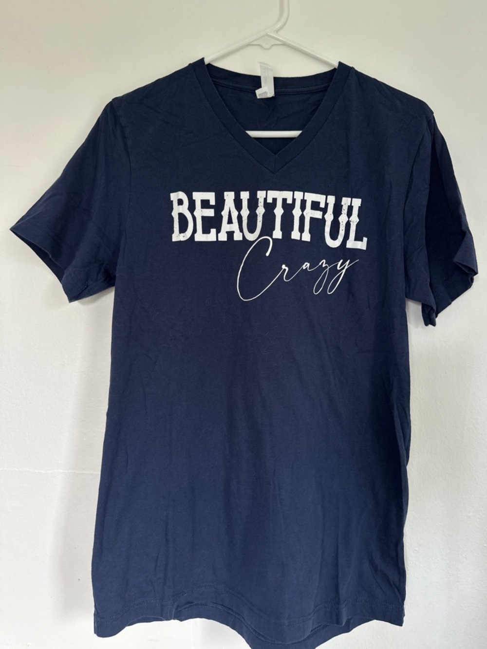 Bella Canvas Navy V-Neck Tee with "Beautiful Crazy" Script